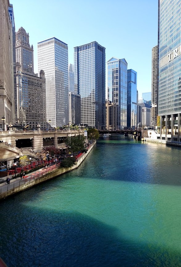 blue and green chi river and skyscrapers