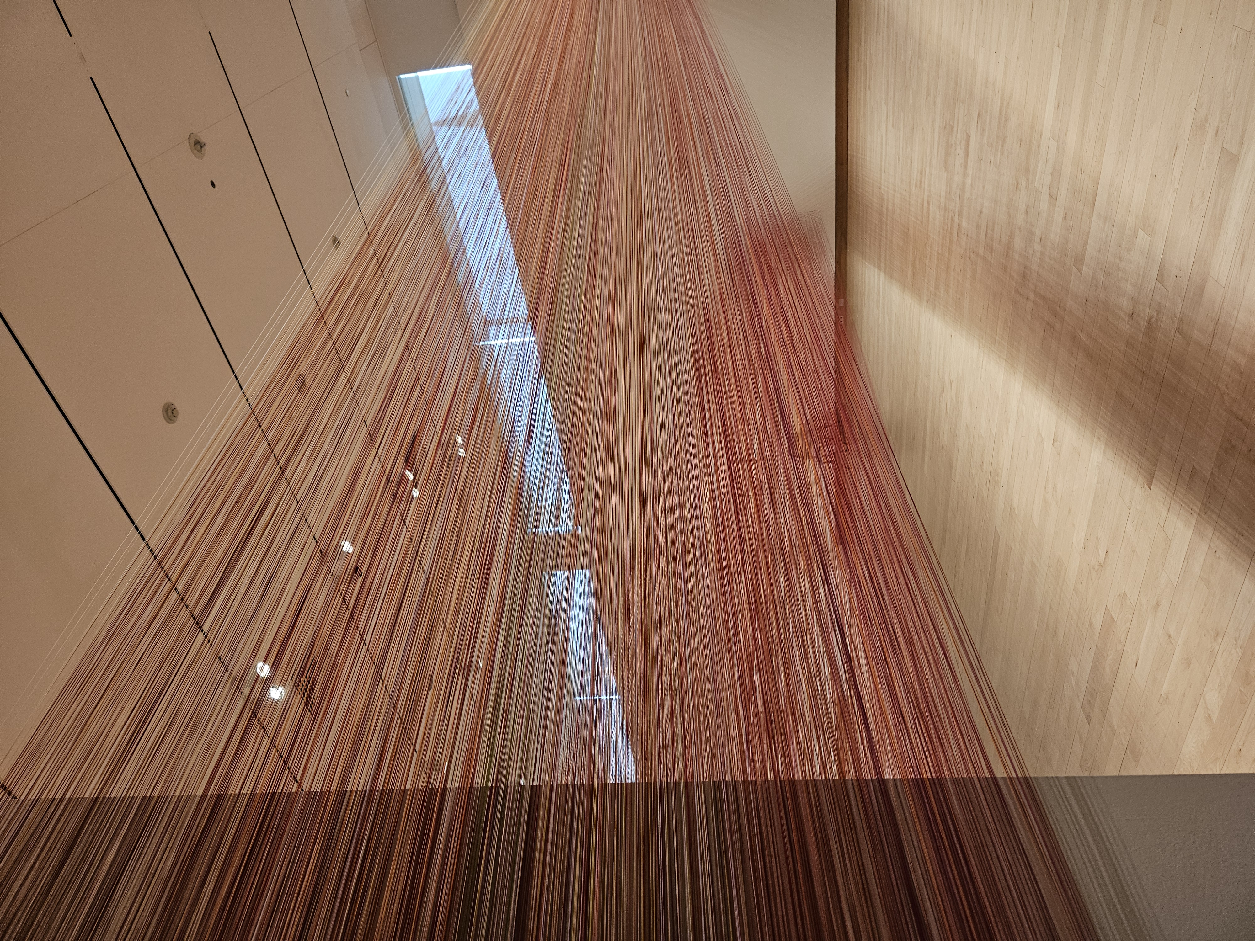 hundreds of red string from column to wall