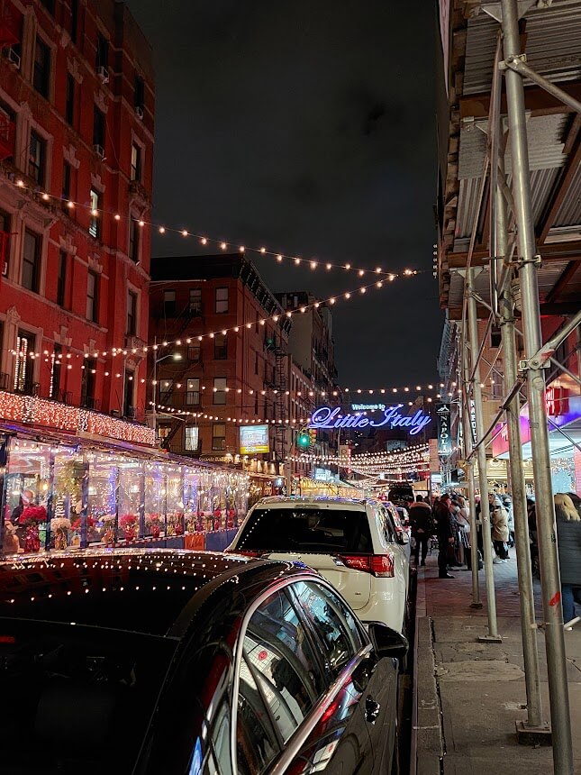 string lights and outside restaurants in the street