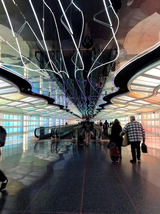 airport hall with neon lights on the ceiling