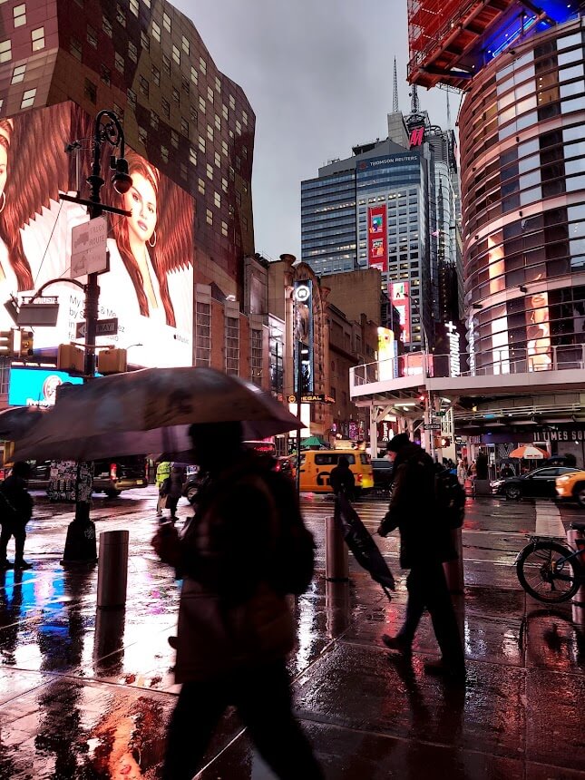 times square on dreary rainy day