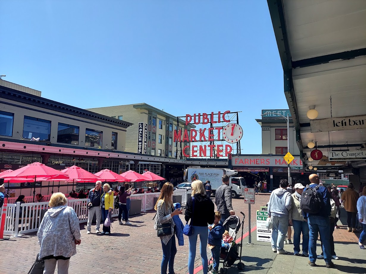 public market center sign in front of the market