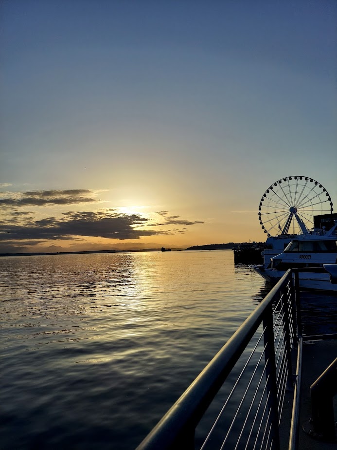 seattle ferris wheel over the water at sunset