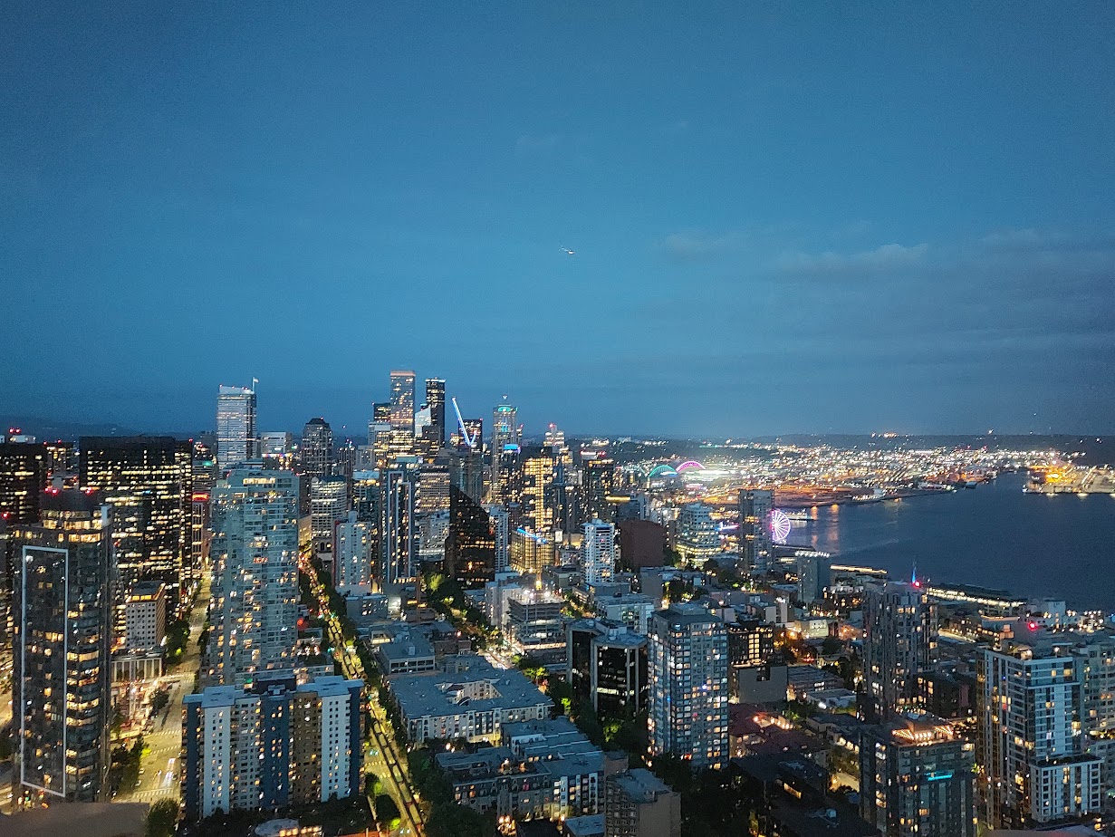 view of downtown seattle at night from space needle