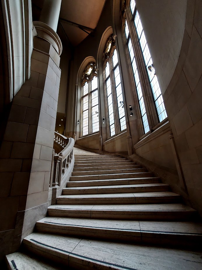 castle-like swirling staircase