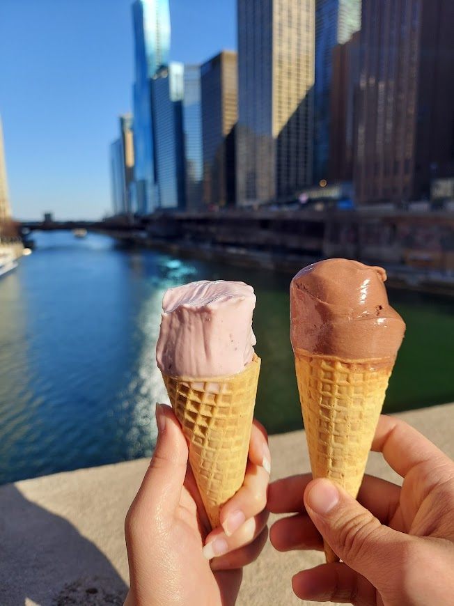 chocolate and strawberry gelato on a bridge over the chi river