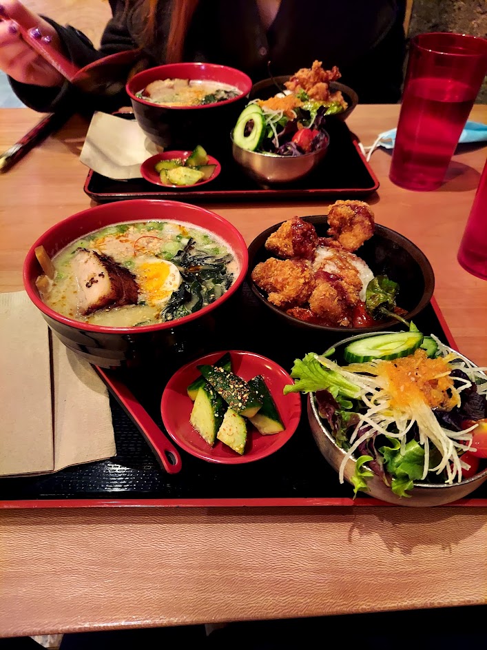 tray of tonkotsu ramen, salad, and karaage chicken