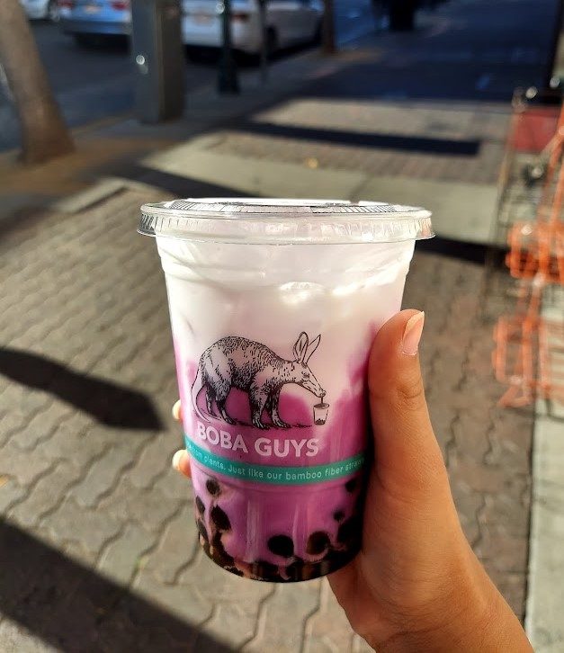 purple and white ube boba latte